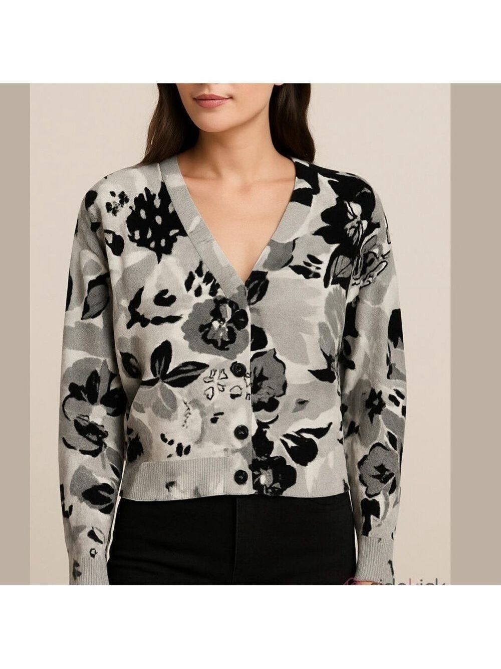 WISPR by Brodie cotton silk blend button up cardigan sweater black grey floral